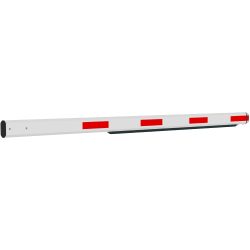 Weiße Schranke mit roten reflektierenden Streifen, horizontal ausgerichtet.