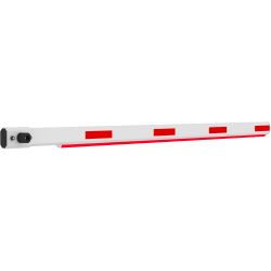 Weiß-rote Schranke mit rechteckigen roten Markierungen und einem mechanischen Verschluss an einem Ende.