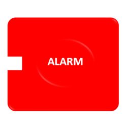 Ein roter Knopf mit der Aufschrift "ALARM" in weißen Buchstaben in der Mitte.