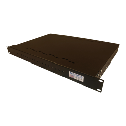 Schwarzes, rechteckiges 1U-Rackmount-Gehäuse mit einem Logo der Marke Dantech an der Vorderseite, geeignet zur Installation in einem IT-Rack.