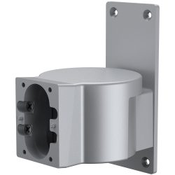 Graue Wandhalterung aus Metall mit mehreren Befestigungslöchern und einem zylindrischen Halterungsabschnitt.