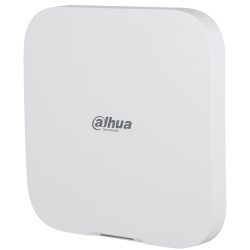 Ein weißes, quadratisches Gerät mit abgerundeten Ecken und dem Logo von Dahua Technology darauf.