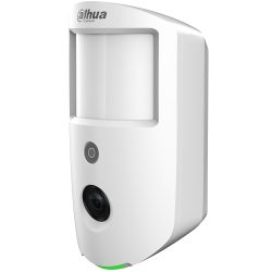 Weiße Überwachungskamera mit Bewegungssensor und Objektiv an der Vorderseite, markiert mit 'Dahua Technology'.
