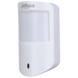 Ein weißer Bewegungssensor mit dem Logo von Dahua Technology oben links, kompaktes Design, vermutlich für die Überwachung in Innenräumen geeignet.
