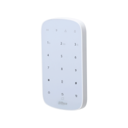 Weiße elektronische Tastatur mit Zahlentasten und Symbolen, leicht gebogenes Design, von einer Marke namens Dahua.