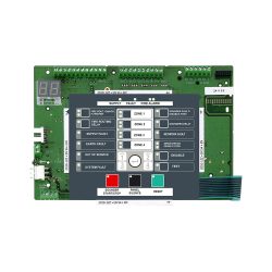 Elektronische Schaltplatine mit einem Bedienfeld zur Steuerung verschiedener Zonen und Alarmfunktionen, einschließlich Zone 1 bis Zone 4, und Tasten für Alarm-Reset, Panel-Stille und Testoptionen.