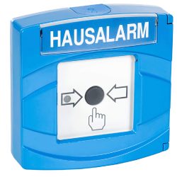 Ein blauer Hausalarmknopf mit der Aufschrift 'HAUSALARM' und einem zentralen schwarzen Druckknopf, der von zwei Pfeilen und einer Fingerikone umgeben ist.