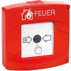 Ein roter Feuermelder mit einer Anweisung, einen Knopf in der Mitte zu drücken, um einen Feueralarm auszulösen. Oben ist das Wort "FEUER" und ein Symbol für ein brennendes Haus abgebildet.