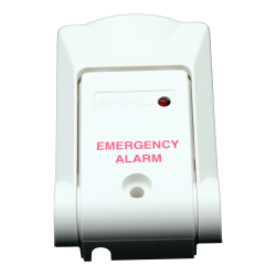 Notfallalarm in weiß mit rotem Schriftzug 'EMERGENCY ALARM', kleinem roten Licht und Marke 'SENTROL'.