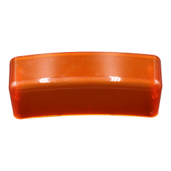 Eine orangefarbene, gebogene Kunststoffschachtel mit transparentem Deckel.