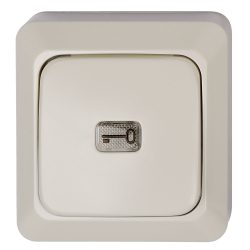 Quadratischer Lichtschalter in cremefarbener Ausführung mit einem kleinen transparenten Schieber zur Stromunterbrechung in der Mitte.