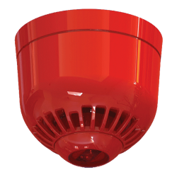 Ein roter Feuermelder oder Brandschutzgerät mit einem runden, kuppelförmigen Design und Lüftungsschlitzen am unteren Rand.