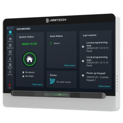 Ein Bildschirm mit der Sicherheitsverwaltungsschnittstelle von Aritech zeigt den Systemstatus, Bereichsstatus und letzte Ereignisse an.