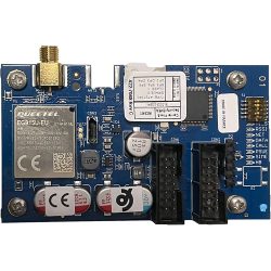 Eine blaue elektronische Platine mit verschiedenen Komponenten, darunter ein Quectel EG915U-EU Modul, Kondensatoren und Steckanschlüsse.