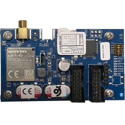Nahaufnahme einer blauen Leiterplatte mit einem Quectel EG915U-EU Modul, mehreren Anschlüssen und elektrischen Komponenten wie Kondensatoren und Steckleisten.