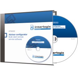 Ein CD-Set mit der Beschriftung "Interlogix Advisor Configurator ATS8550" für Multi-Client-Fernwartungssoftware, bestehend aus Hülle und zwei CDs.