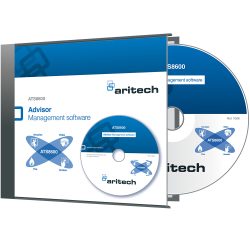 Ein CD-Cover und eine CD von Aritech, die die Advisor Management Software ATS8600 zeigen, mit einer blau-weißen Gestaltung und Symbolen für Eindringen, Videoüberwachung, Feuer und Zugang.