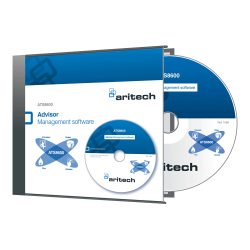 Hülle und CD der Aritech ATS8600 Advisor Management Software, mit blau-weißem Design und Symbolen für Einbruch, Video, Feuer und Zugang.