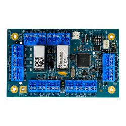 Eine elektronische Platine mit blauen Anschlussklemmen, diversen Chips und einer internen Beschriftung mit technischen Angaben; drauf befinden sich Module mit der Aufschrift 'Interlogix TS 1061 Dual Wiegand'.