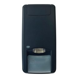 Ein schwarzer automatischer Lufterfrischer mit einem Sensor und einer transparenten unteren Abdeckung zur Duftabgabe.