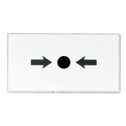 Ein rechteckiges weißes Schild mit einem schwarzen Punkt in der Mitte, der von zwei schwarzen, sich gegenüberliegenden Pfeilen flankiert wird.