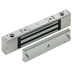 Ein silbernes elektromagnetisches Türschloss mit einer länglichen Metallplatte, das zur sicheren Verriegelung von Türen verwendet wird.