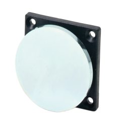 Runder, glänzender Metallgegenstand auf quadratischer, schwarzer Halterung mit vier Schraublöchern.