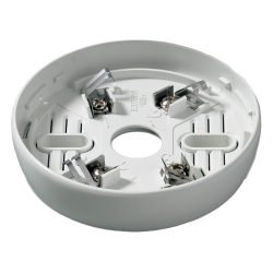 Runder, weißer Sockel für einen Rauchmelder mit mehreren Metallkontakten für die Montage.