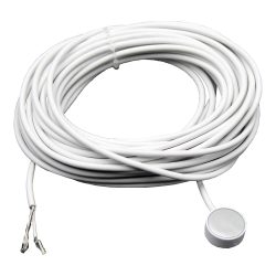 Langes weißes Kabel mit einem runden Sensor an einem Ende und abisolierten Kabelenden am anderen Ende.