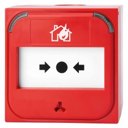 Roter Brandmelder mit einem Symbol von einem brennenden Haus und einem schwarzen Punkt, umgeben von zwei Pfeilen, auf weißem Hintergrund.