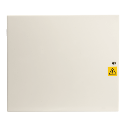 Ein rechteckiger, beiger Sicherungskasten mit einem gelben Warnsymbol für elektrische Spannung in der unteren rechten Ecke.