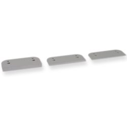 Drei graue rechteckige Metallplatten mit abgerundeten Ecken und jeweils zwei Schraubenlöchern in einer geraden Linie angeordnet.