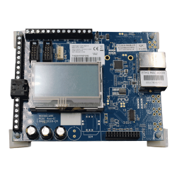 Eine blaue Leiterplatte mit verschiedenen elektronischen Komponenten, einschließlich eines kleinen Bildschirms, mehreren Steckverbindungen, einem Ethernet-Port und Kondensatoren.