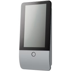 Ein schlanker, moderner Digitalbildschirm mit einem schwarzen Rahmen und einer silbernen Unterseite, die leicht gebogen ist.