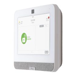 Ein modernes Sicherheitsbedienfeld an der Wand montiert mit einem Bildschirm, das anzeigt, dass das System deaktiviert ist. Der Bildschirm zeigt auch das Datum und die Uhrzeit sowie eine Wetterinformation an. Es hat einen Lautsprecherbereich unten.