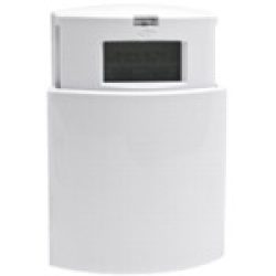 Ein weißer Raumthermostat mit einem rechteckigen digitalen Display in der oberen Hälfte.
