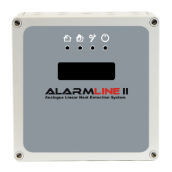 Ein graues Alarmgerät mit der Aufschrift "ALARMLINE II Analogue Linear Heat Detection System" auf der Vorderseite, mit Symbolen für Alarmfunktionen oben.