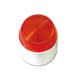 Eine orangefarbene Warnleuchte auf einem weißen Sockel, die typischerweise zur Signalisierung von Warnungen oder Alarmen verwendet wird.