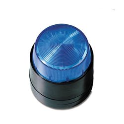 Ein blauer, zylindrischer Warnblitz mit transparentem Abdeckungsdesign auf einer schwarzen Basis.