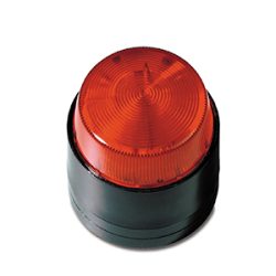Ein rotes, zylindrisches Alarmlicht mit schwarzem Boden, das als Warnsignal dient.