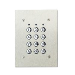 Metallisches Tastenfeld mit Zahlen von 0 bis 9 sowie A und B, montiert auf einer rechteckigen Platte.