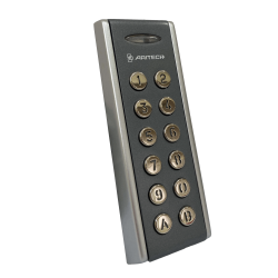 Ein schräges elektronisches Nummernfeld von ARITECH mit Tasten im Metall-Design, angeordnet in vier Reihen, mit Nummern von 1 bis 12.