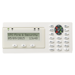 Weiße Steuerkonsole eines Sicherheitsalarmsystems von UTC Fire & Security mit Display-Panel und numerischer Tastatur.