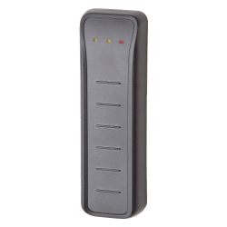 Ein schwarzer rechteckiger RFID-Eingabegerät mit drei LED-Leuchten in Rot, Gelb und Grün oben.