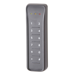 Ein schwarzes numerisches Türzugangs-Pad mit Tasten von 0 bis 9 sowie Stern und Raute, und drei LED-Anzeigen oben.