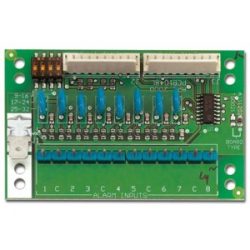 Elektronische Schaltplatine mit blauen Polanschlüssen und Steckverbindern oben und unten, beschriftet mit 'ALARM INPUTS' und Nummern von 1 bis 8.