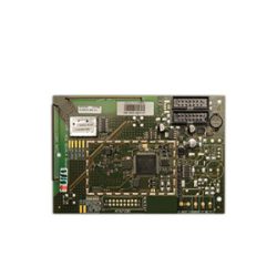 Eine grüne elektronische Leiterplatte mit mehreren Anschlüssen, einem zentralen Chip und verschiedenen elektronischen Bauteilen.