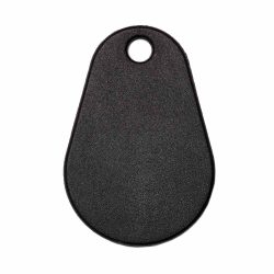 Ein schwarzer, tropfenförmiger RFID-Tag mit einer Öffnung an der oberen Seite zum Befestigen an einem Schlüsselbund.
