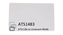 Weiße Karte mit der Aufschrift "ATS1483" und "ATS118x to Unsecure Mode" unten rechts in schwarzer Schrift, begleitet von grauen Quadraten links oben.