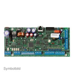 Elektronische Schaltplatine mit verschiedenen Bauteilen und Anschlüssen in blauer und schwarzer Farbe.